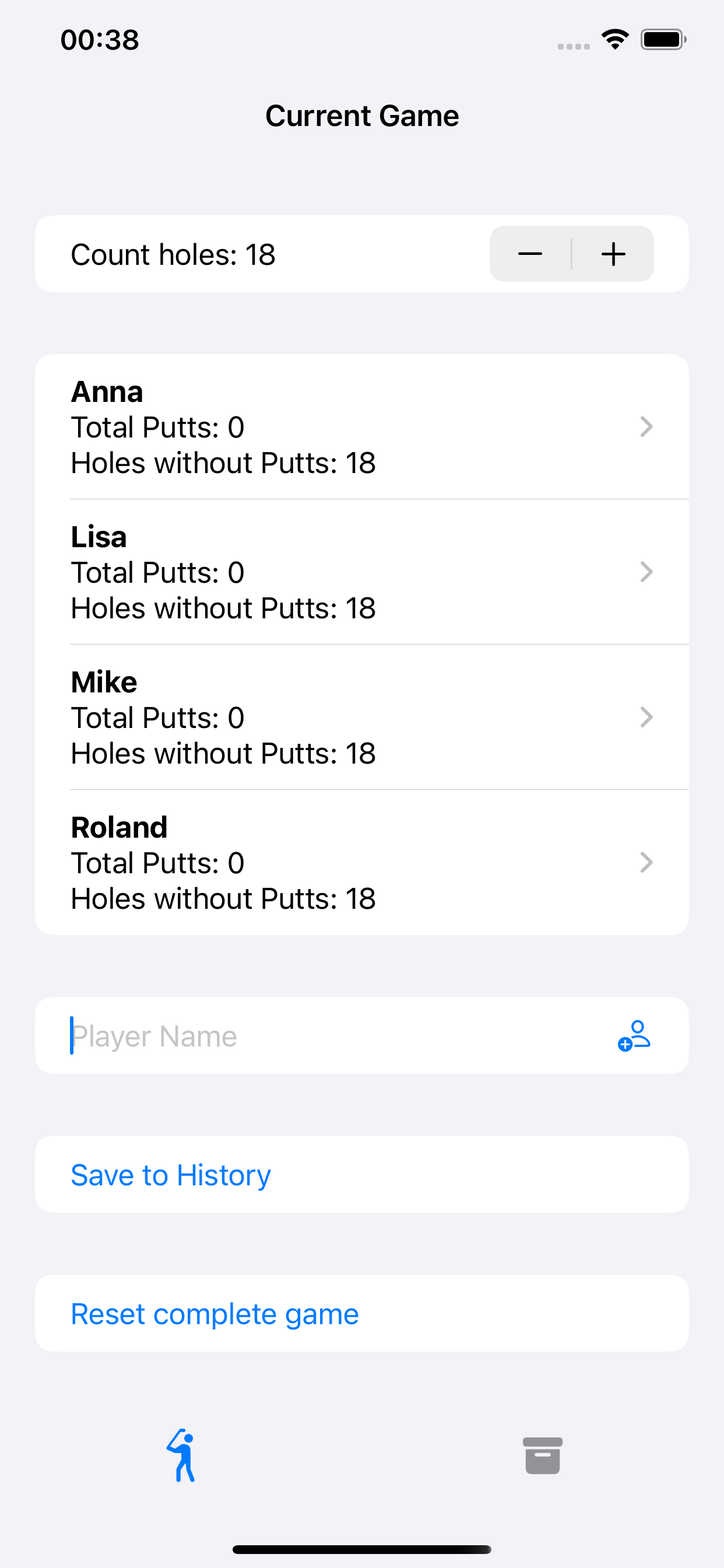 Minigolf Zählkarte App für iPhone